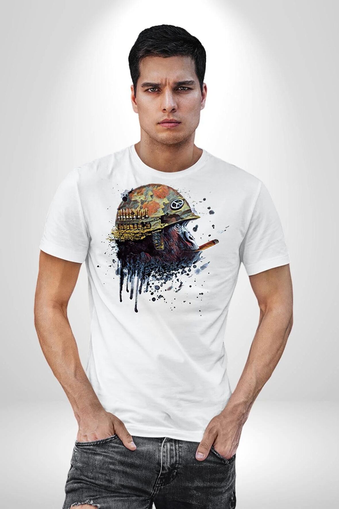 Kasket Miğfer Goril Savaşcı Kadın Erkek Unisex Beyaz Organik Baskılı T-Shirt Penye Yüksek Kalite