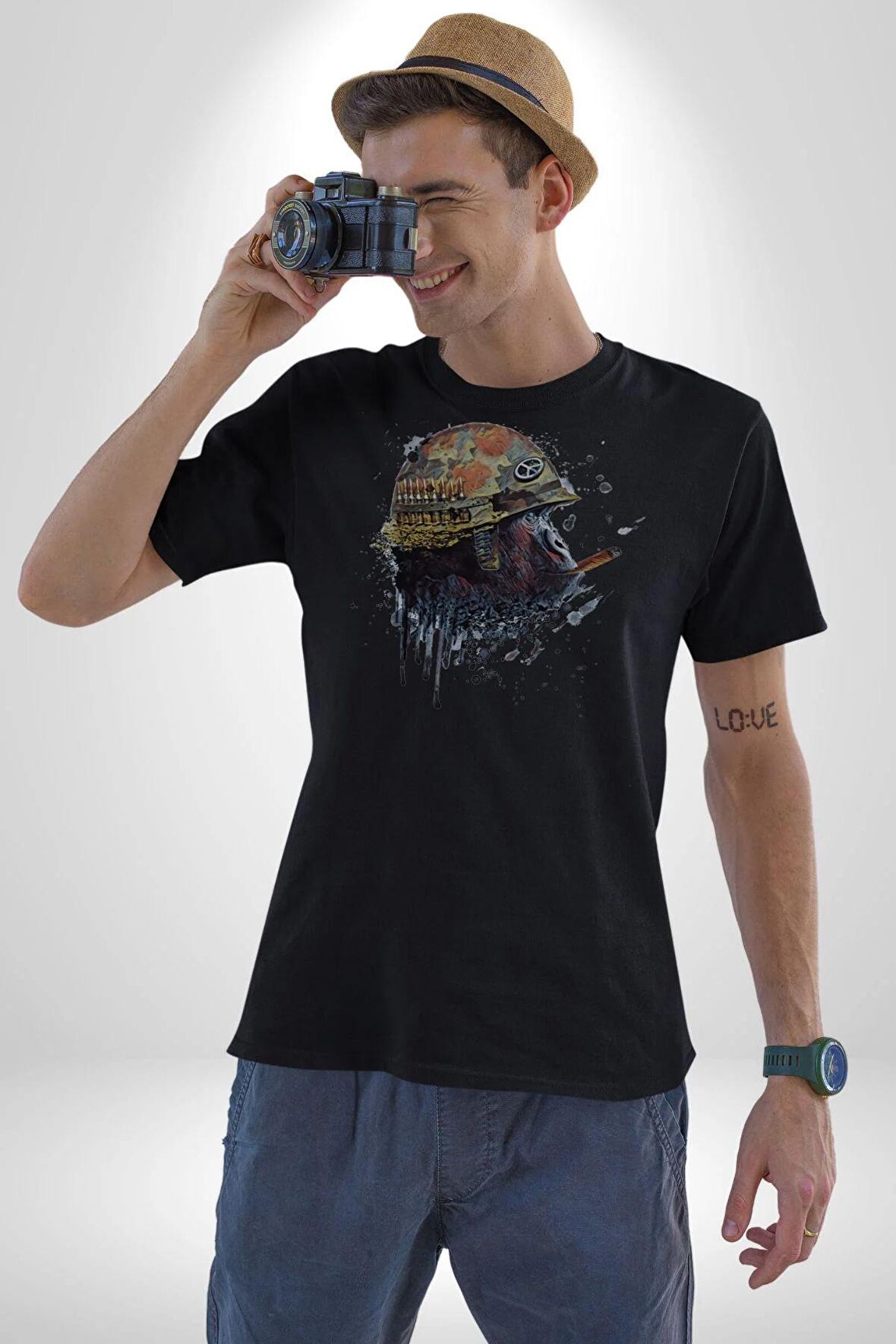 Kasket Miğfer Goril Savaşcı Kadın Erkek Unisex Siyah Organik Baskılı T-Shirt Penye Yüksek Kalite