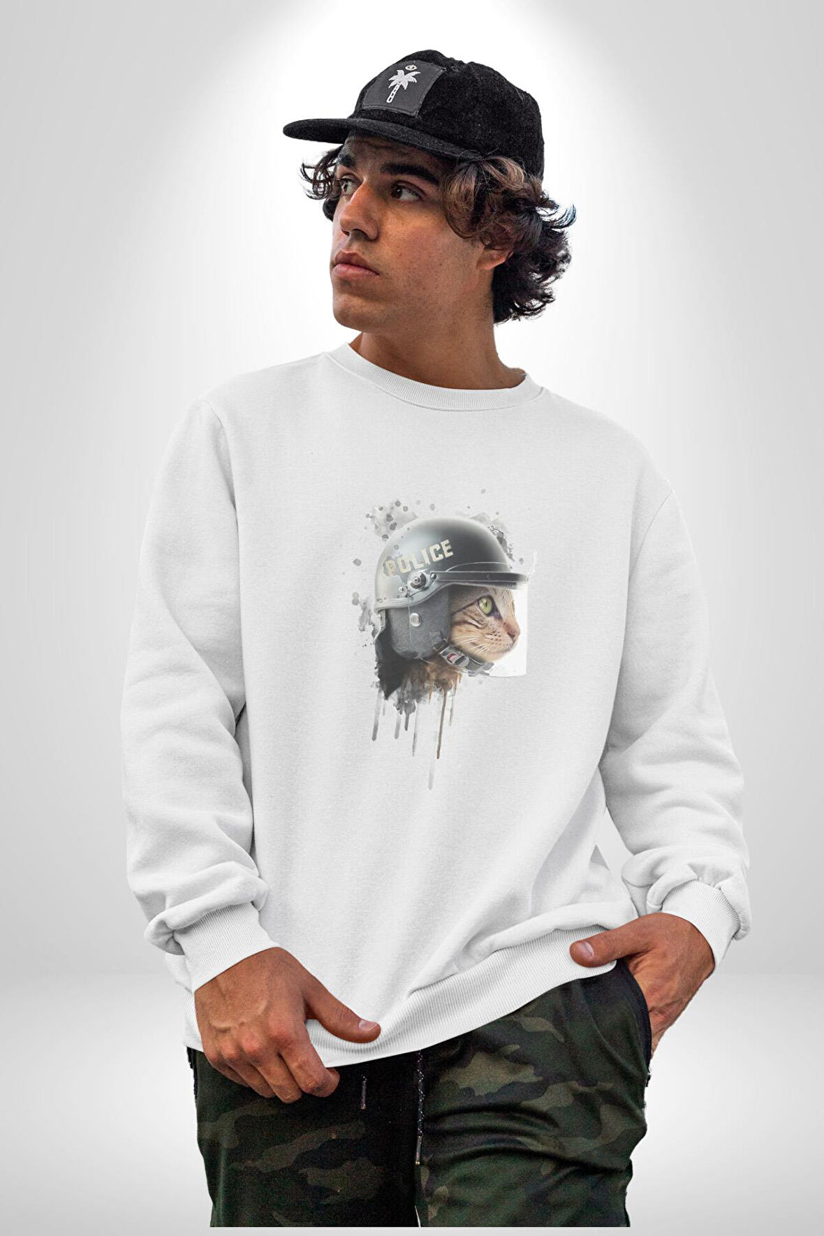 Kaket Polis Kedi  Kadın Erkek  Beyaz Baskılı Sweatshirt 