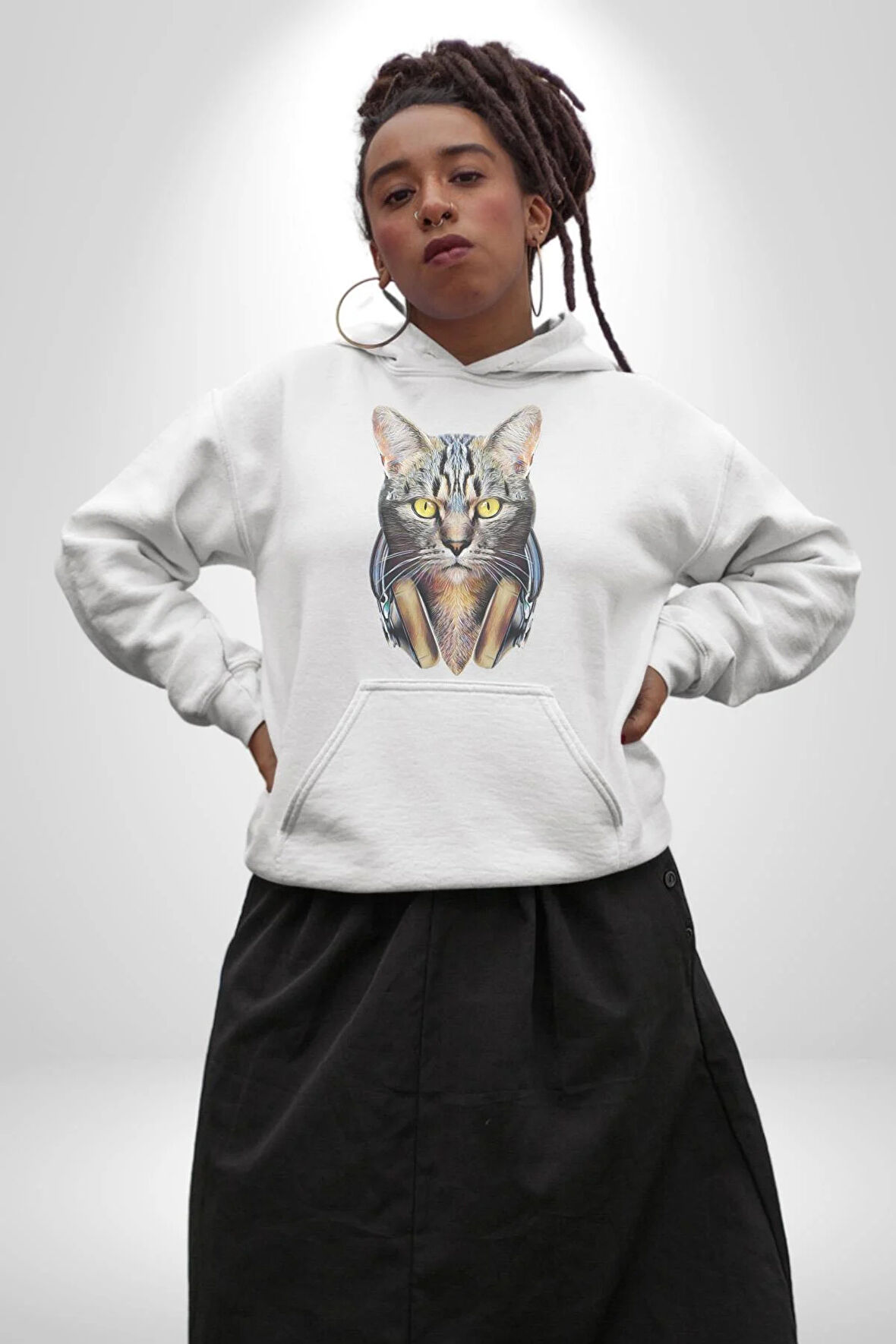 Kulaklık Kedi  Kadın Erkek  Beyaz Kapüşonlu Sweatshirt Hoodie