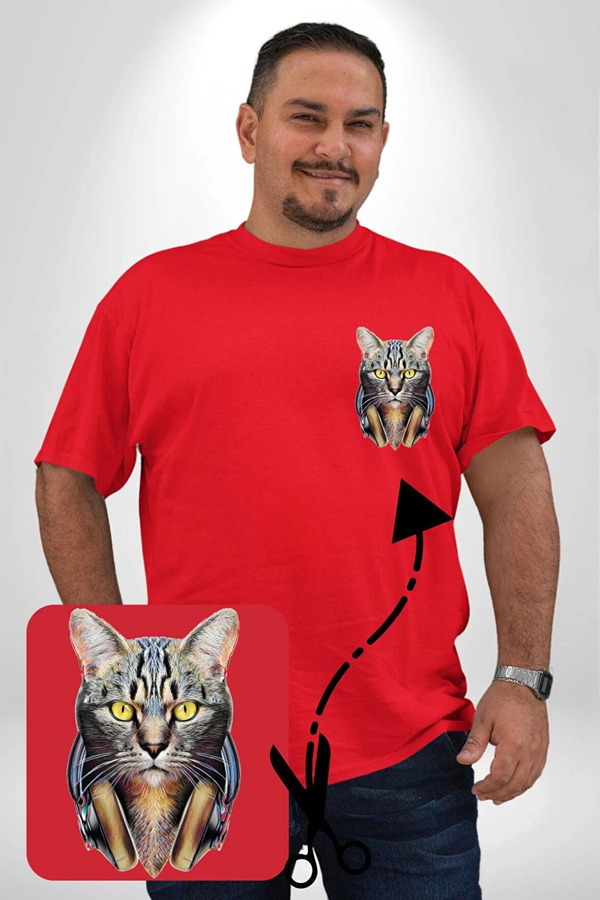Kulaklık Kedi  Kırmızı Büyük Beden Kadın Basic Minimal Baskılı Tişört