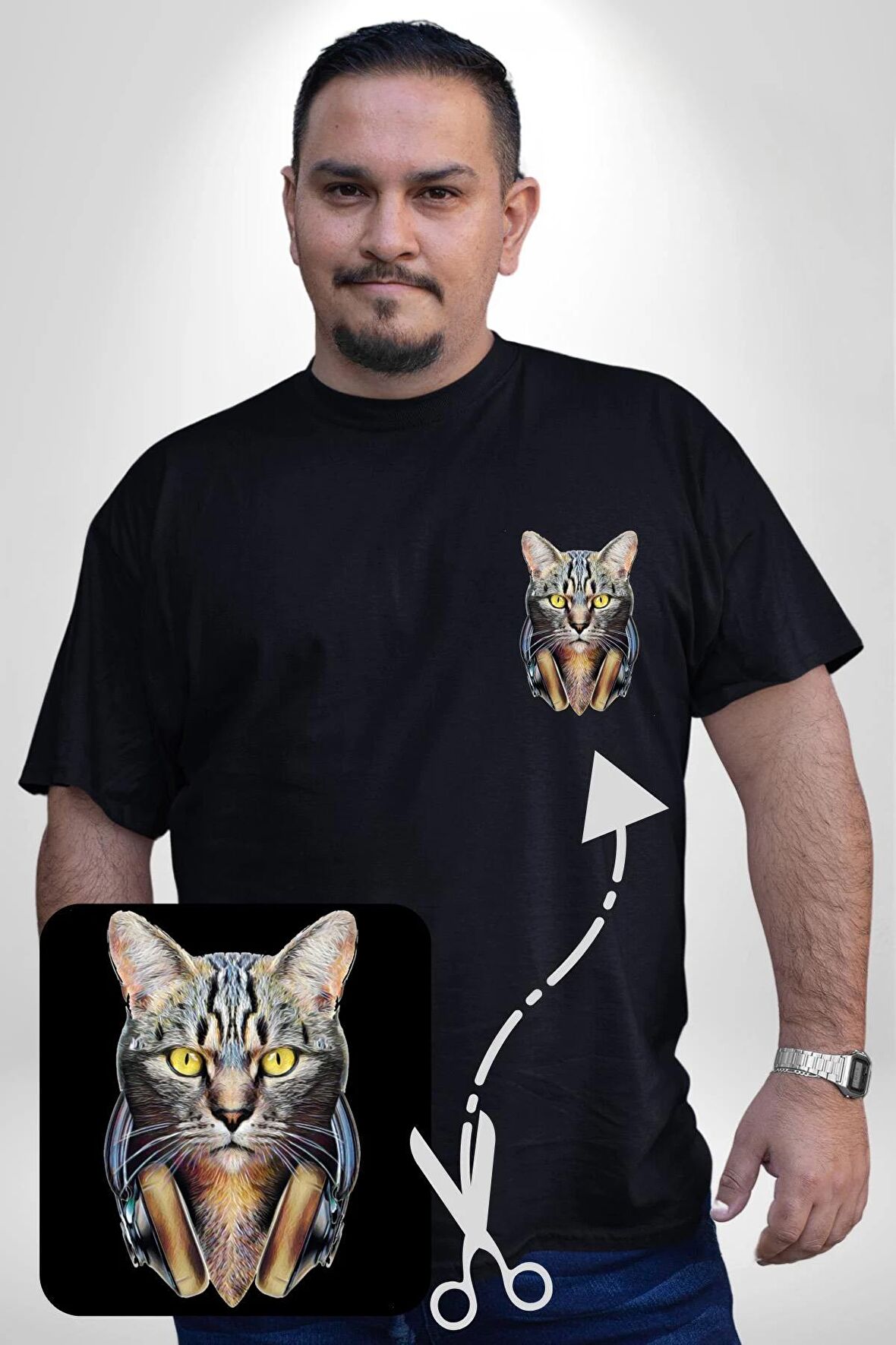 Kulaklık Kedi  Siyah Büyük Beden Kadın Basic Minimal Baskılı Tişört