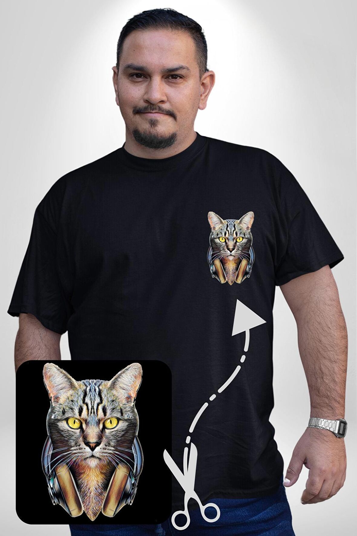 Kulaklık Kedi  Siyah Büyük Beden Kadın Basic Minimal Baskılı Tişört