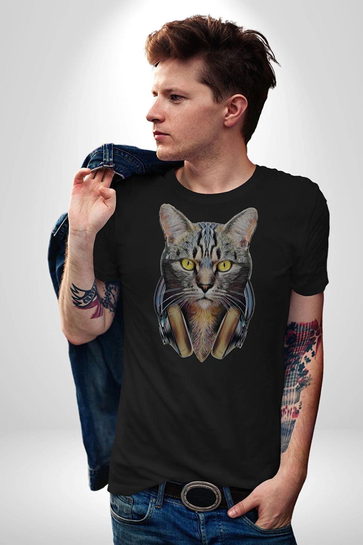 Kulaklık Kedi  Kadın Erkek Unisex Siyah Organik Baskılı T-Shirt Penye Yüksek Kalite