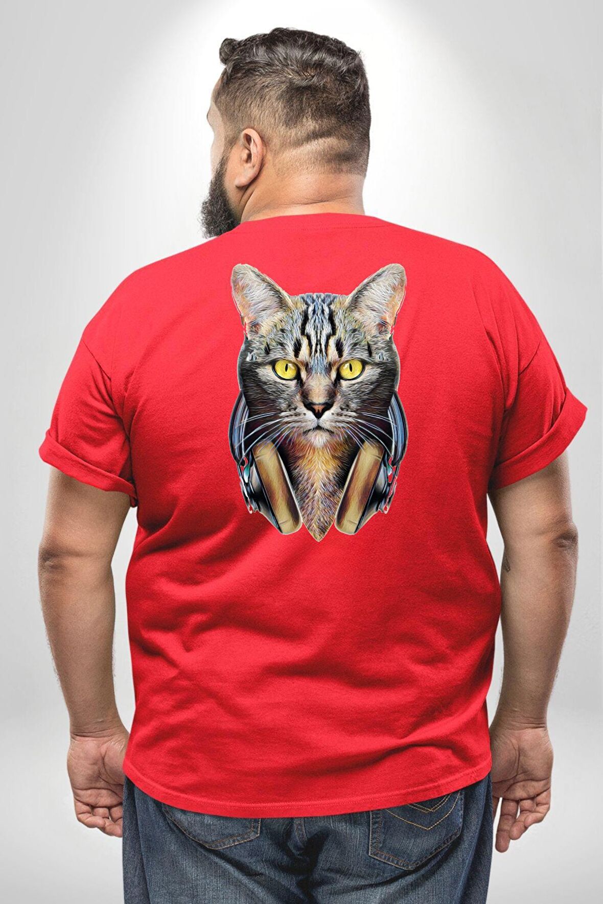 Kulaklık Kedi  Büyük Beden Kırmızı Tişört Kadın Erkek Ünisex Sırt Baskılı