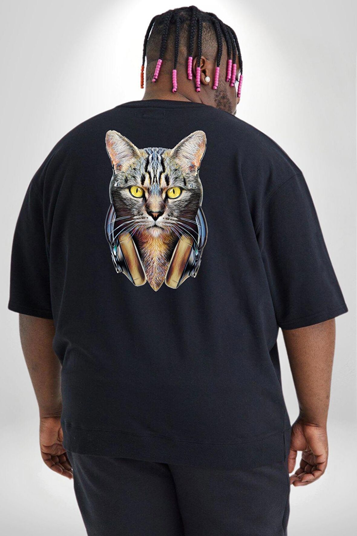 Kulaklık Kedi  Büyük Beden Siyah Tişört Kadın Erkek Ünisex Sırt Baskılı