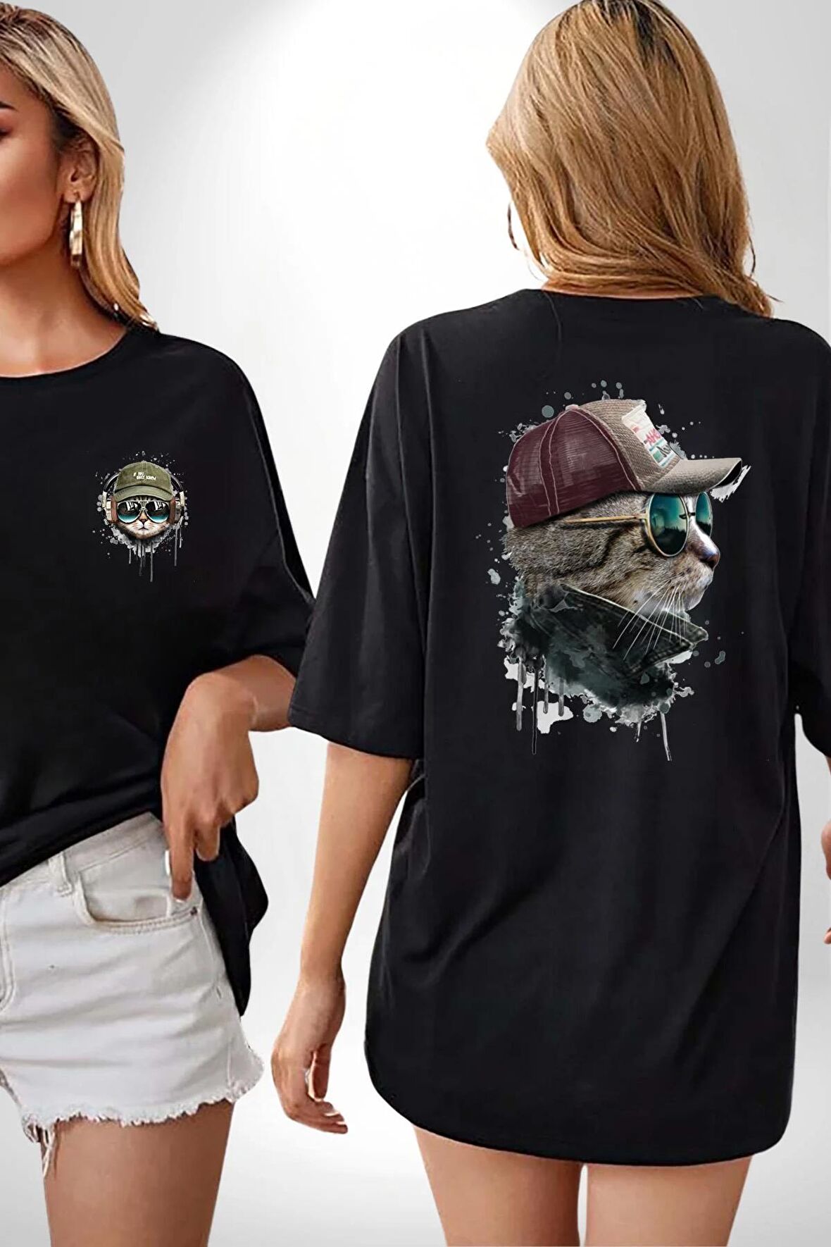 Pilot Çeketli Deri Şapkalı Cool Kedi Siyah Oversize Kadın Erkek Ön ve Sırt Baskılı Tişört