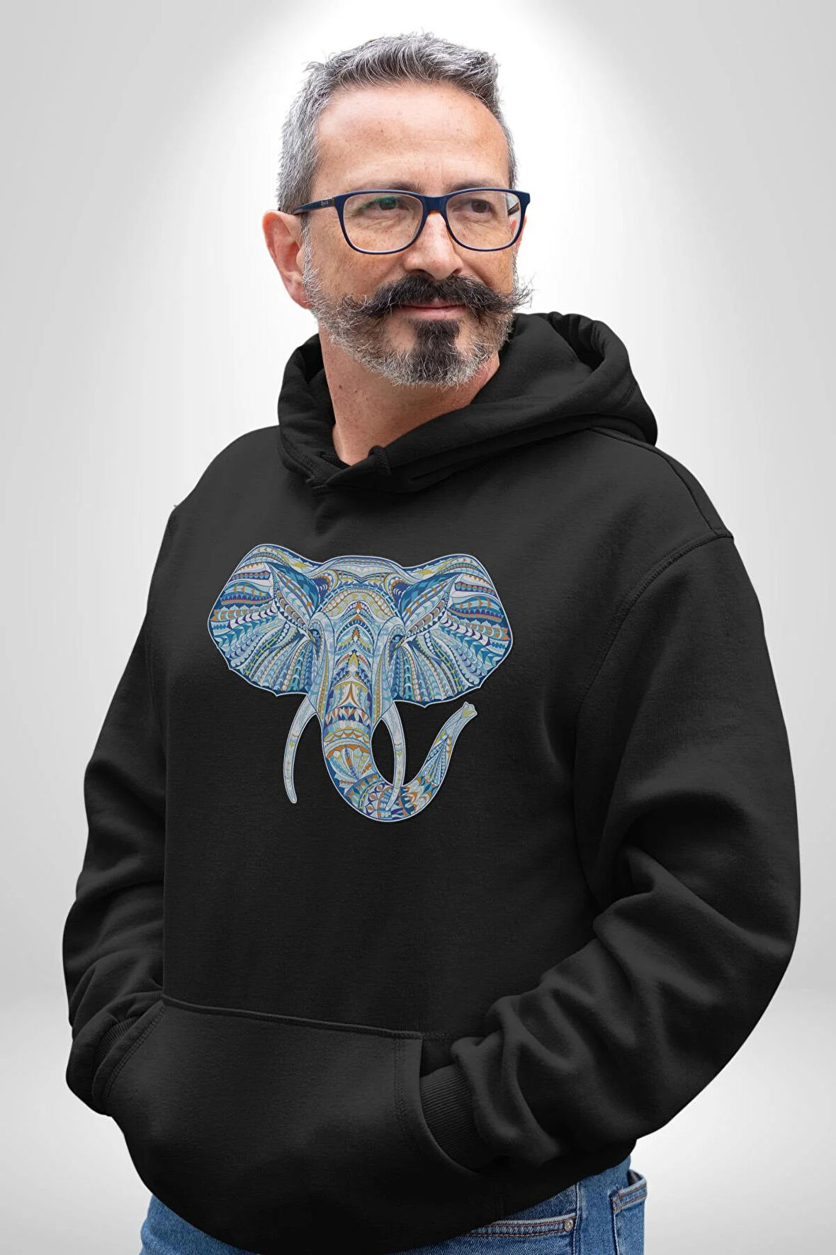 Mandala  Renkli Fil Kadın Erkek  Siyah Kapüşonlu Sweatshirt Hoodie