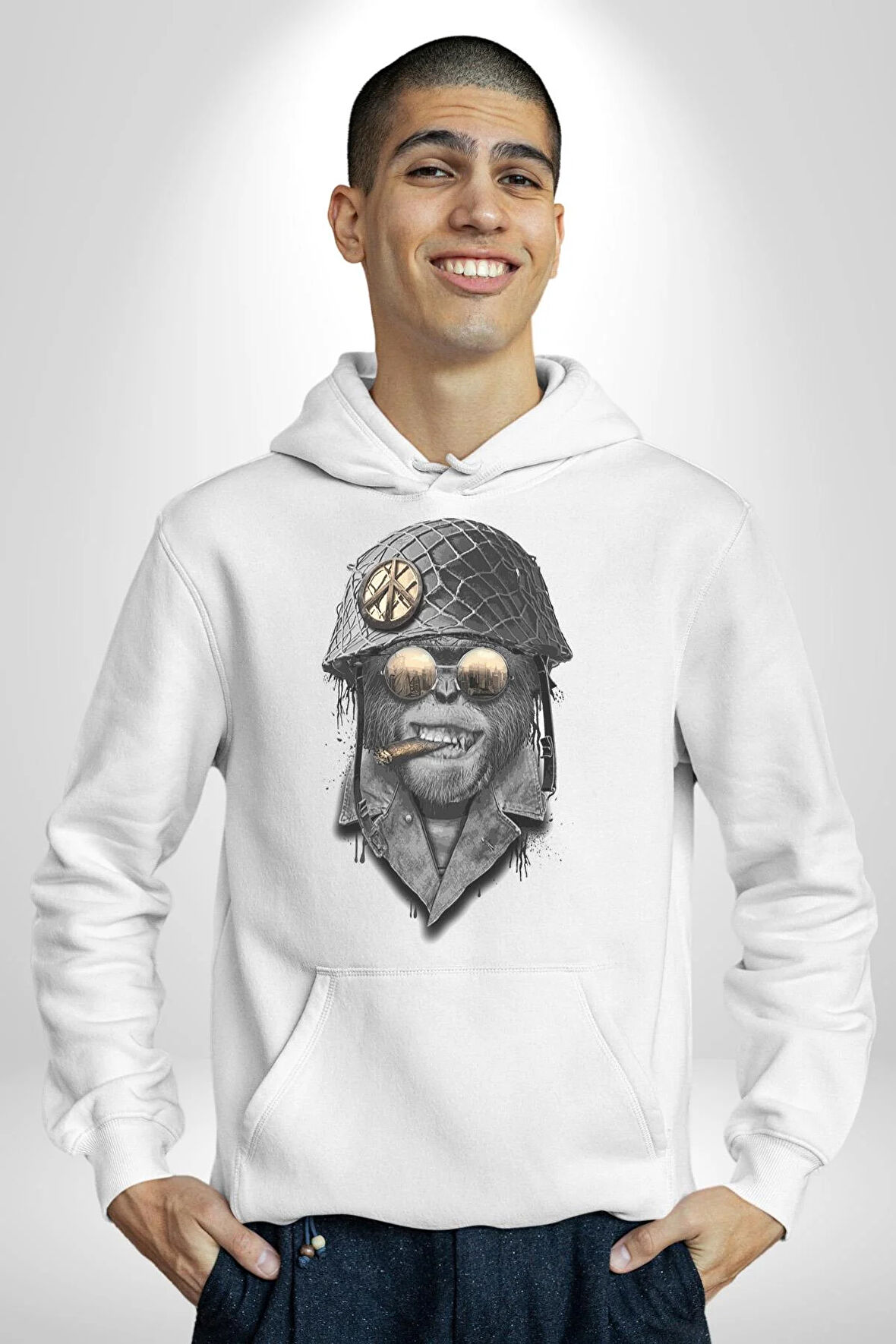 Asker Goril Komutan Kadın Erkek  Beyaz Kapüşonlu Sweatshirt Hoodie