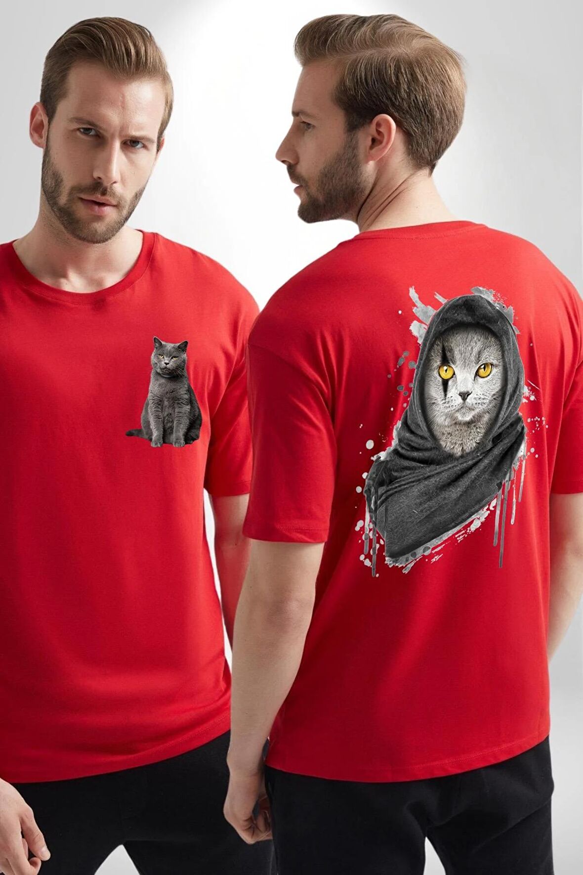 Safari Kedi Şal Eşarp Kırmızı Oversize Kadın Erkek Ön ve Sırt Baskılı Tişört