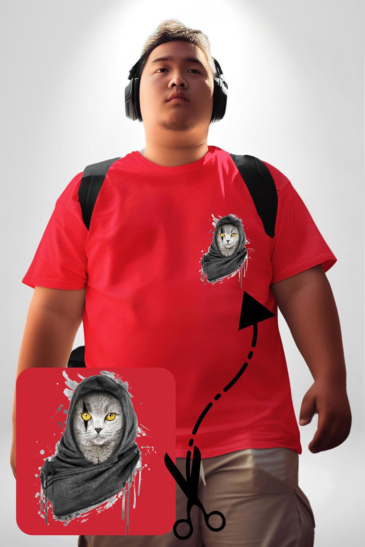 Safari Kedi Şal Eşarp Kırmızı Büyük Beden Kadın Basic Minimal Baskılı Tişört