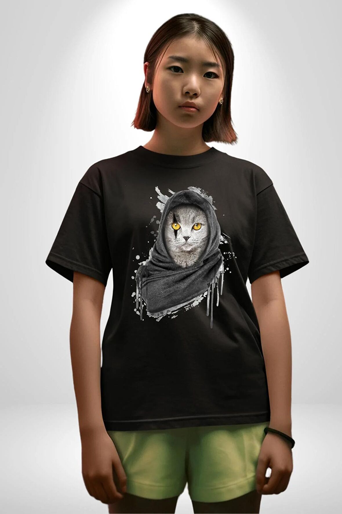 Safari Kedi Şal Eşarp Pamuklu Bisiklet Yaka Kadın Erkek Oversize Boyfriend Dijital Baskılı Siyah T-shirt