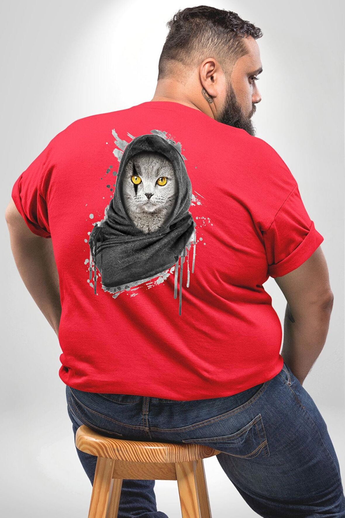 Safari Kedi Şal Eşarp Büyük Beden Kırmızı Tişört Kadın Erkek Ünisex Sırt Baskılı