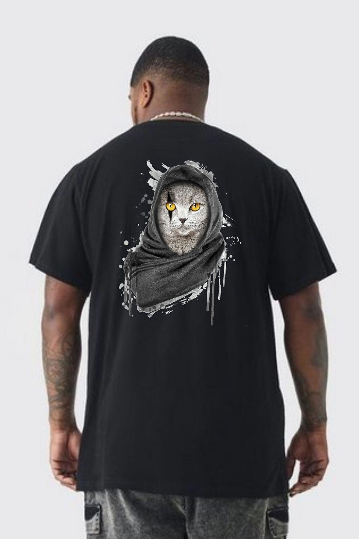 Safari Kedi Şal Eşarp Büyük Beden Siyah Tişört Kadın Erkek Ünisex Sırt Baskılı