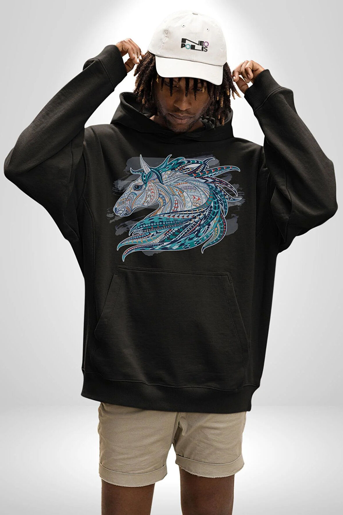 At Mandala Kafası Kadın Erkek  Siyah Kapüşonlu Sweatshirt Hoodie