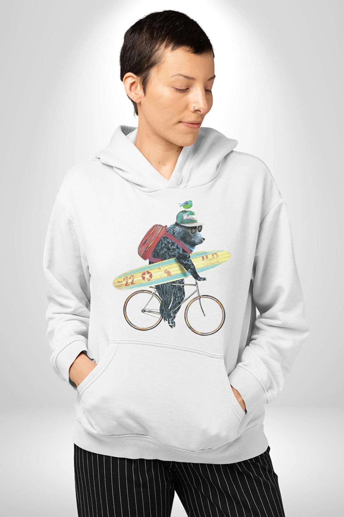 Komik Köpek Sörf Tahtası Bisiklet Kadın Erkek  Beyaz Kapüşonlu Sweatshirt Hoodie