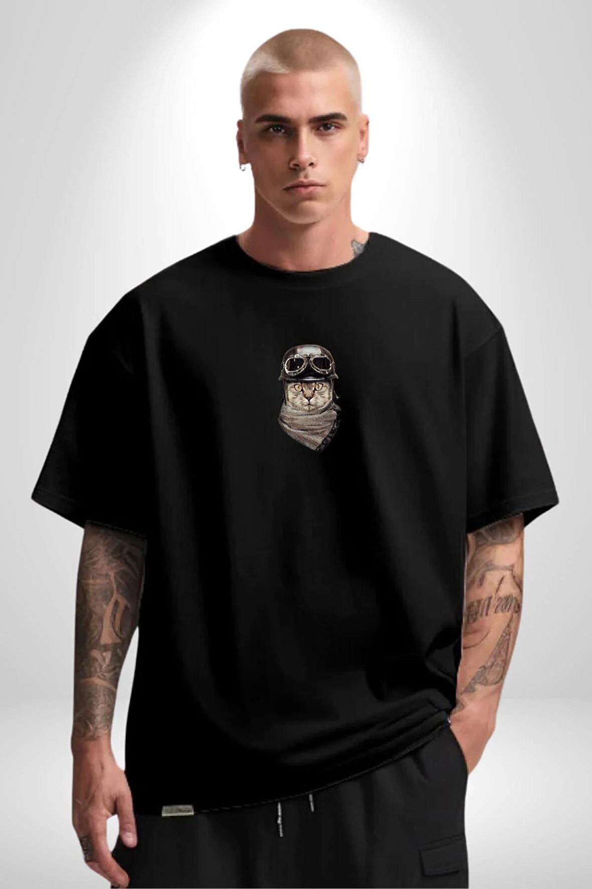 Kasket Bandana Motorcu Kedi Siyah Oversize Kadın Erkek Ön Orta Minimal Baskılı Tişört