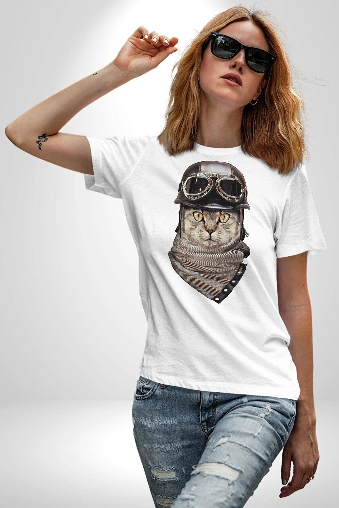 Kasket Bandana Motorcu Kedi Kadın Erkek Unisex Beyaz Organik Baskılı T-Shirt Penye Yüksek Kalite