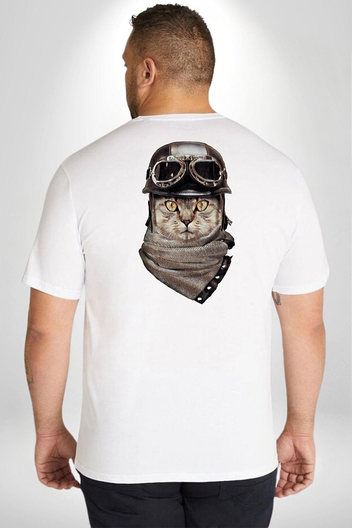 Kasket Bandana Motorcu Kedi Büyük Beden Beyaz Tişört Kadın Erkek Ünisex Sırt Baskılı