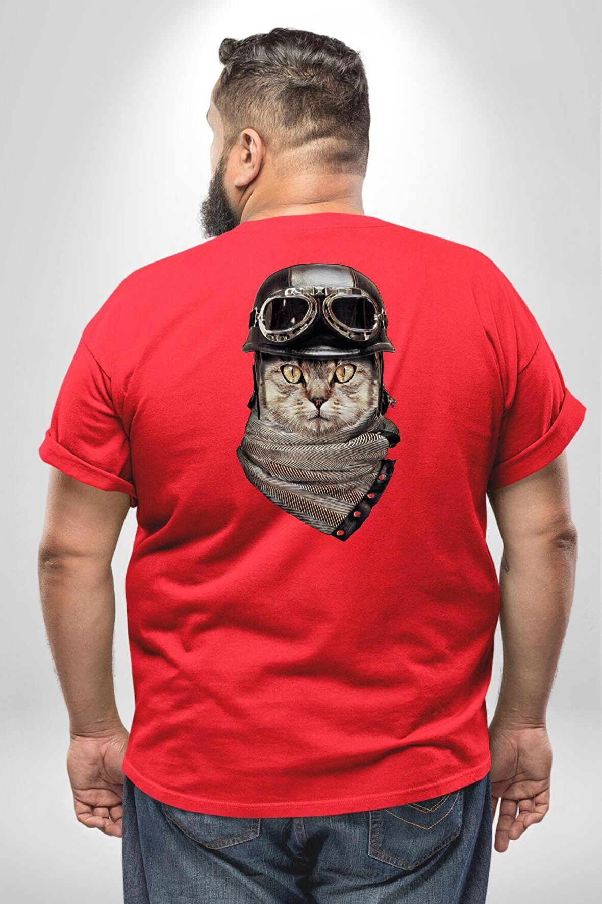 Kasket Bandana Motorcu Kedi Büyük Beden Kırmızı Tişört Kadın Erkek Ünisex Sırt Baskılı