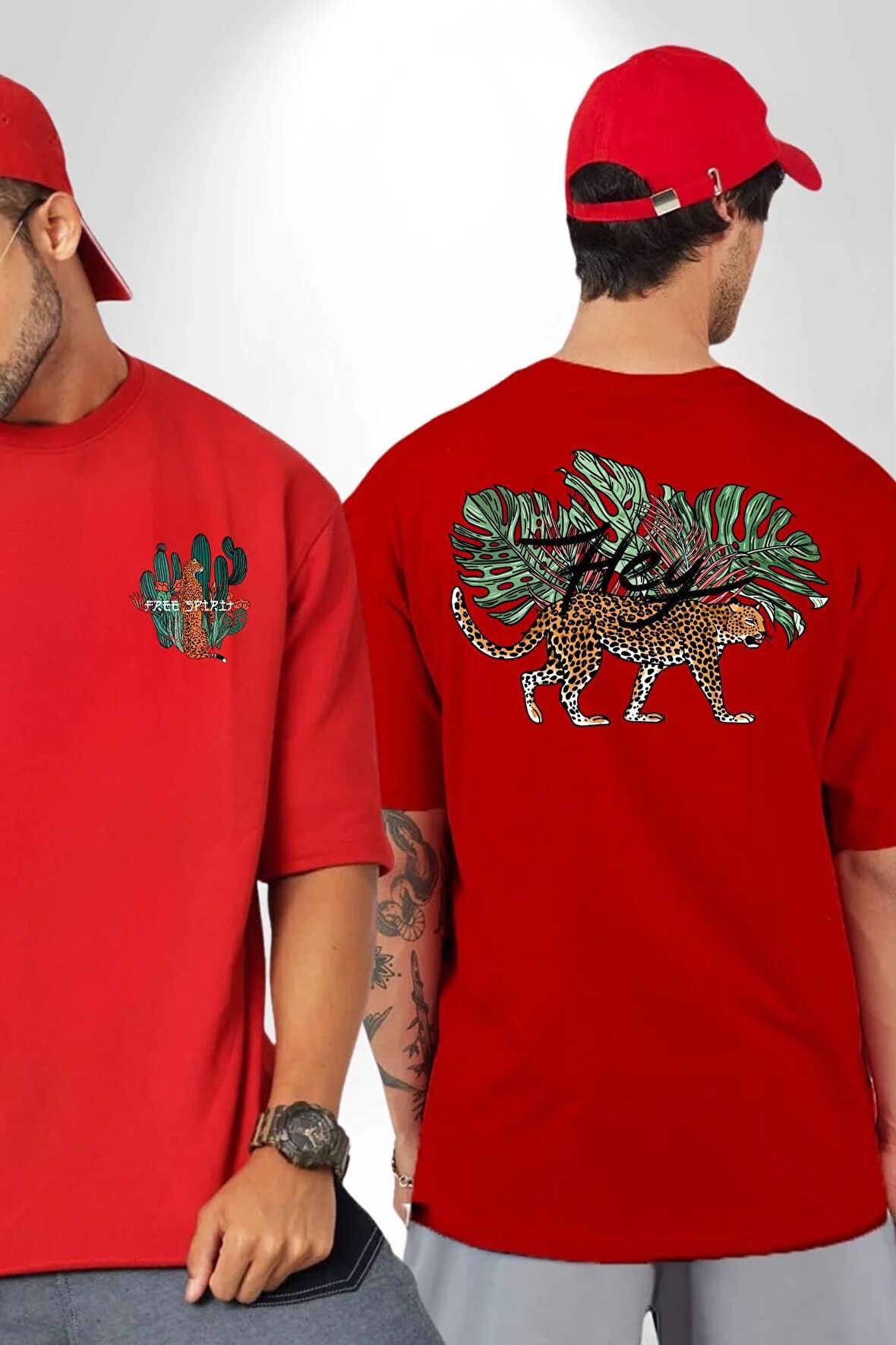 Zara Afrika Leoparı Tropik Yapraklar Kırmızı Oversize Kadın Erkek Ön ve Sırt Baskılı Tişört