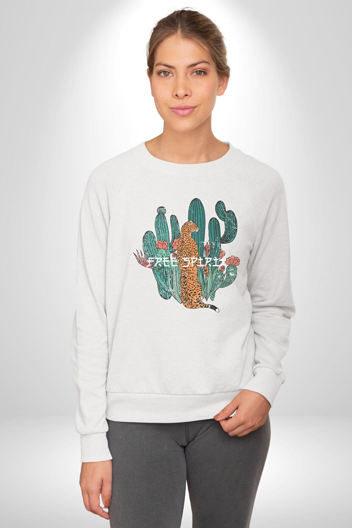Kaktüs Çita  Kadın Erkek  Beyaz Baskılı Sweatshirt 
