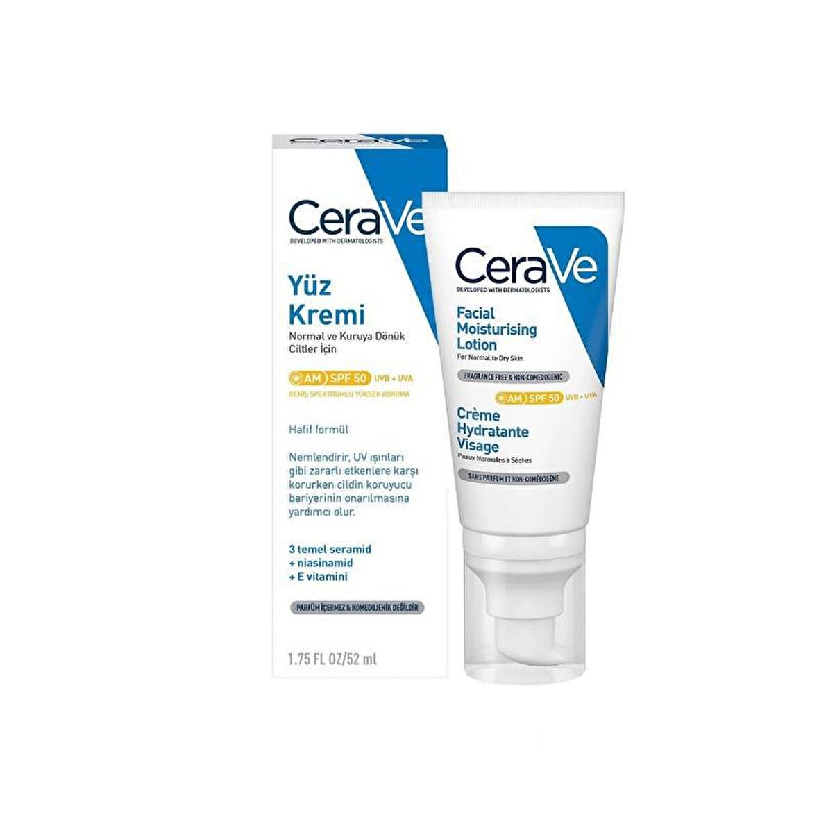 Cerave Kuru Ciltler İçin Hyalüronik Asitli Su Bazlı Yağsız SPF50 Nemlendirici Yüz Bakım Kremi 52 ml