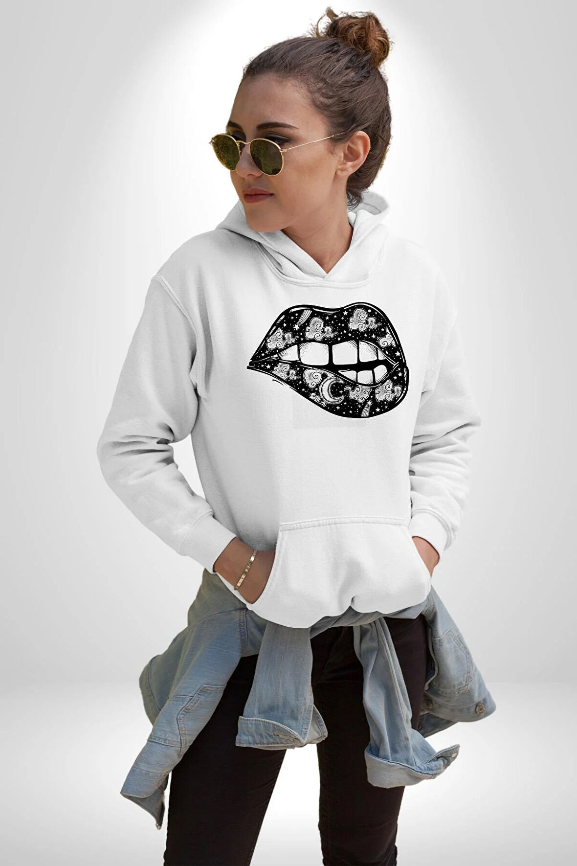 Ay Yıldız Dudak Bulut Dövme Kadın Erkek  Beyaz Kapüşonlu Sweatshirt Hoodie