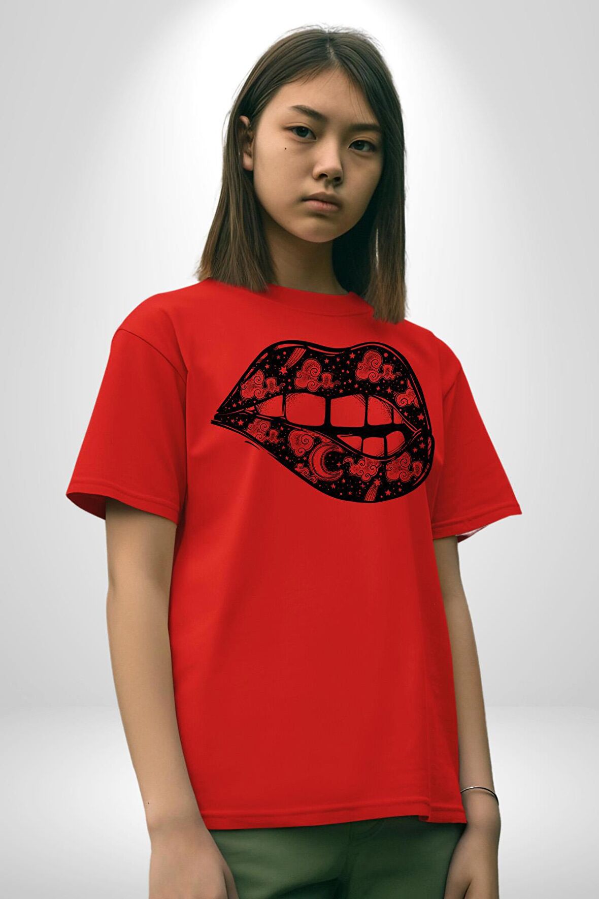 Ay Yıldız Dudak Bulut Dövme Pamuklu Bisiklet Yaka Kadın Erkek Oversize Boyfriend Dijital Baskılı Kırmızı T-Shirt