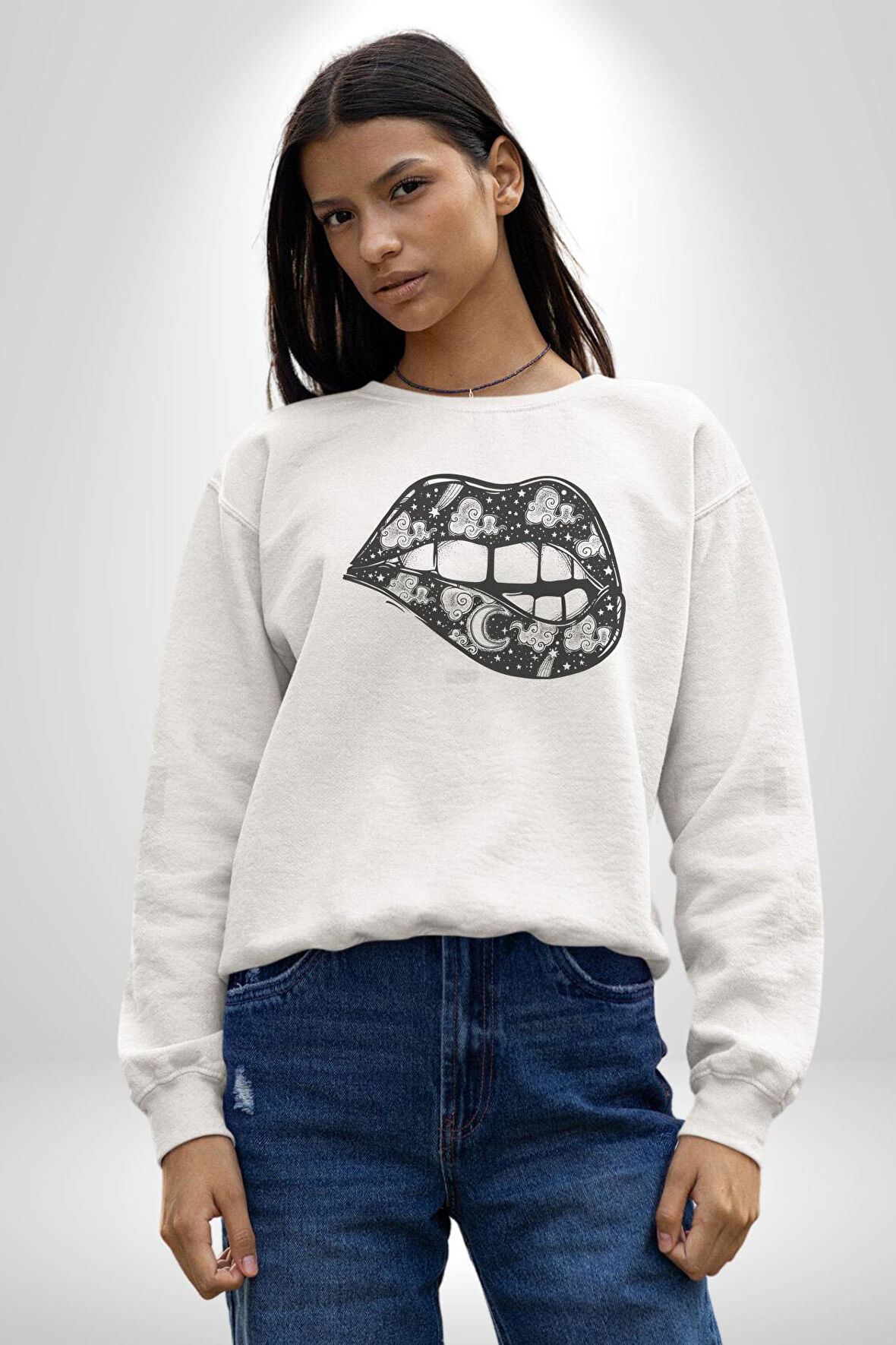 Ay Yıldız Dudak Bulut Dövme Kadın Erkek  Beyaz Baskılı Sweatshirt 