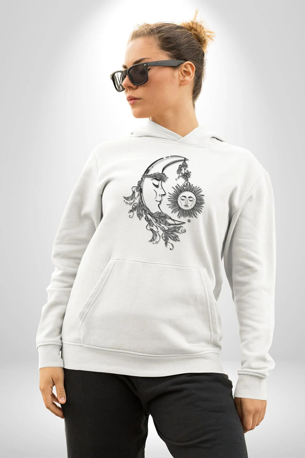 Ay Güneş Astroloji Aşk Estetik Kadın Erkek  Beyaz Kapüşonlu Sweatshirt Hoodie
