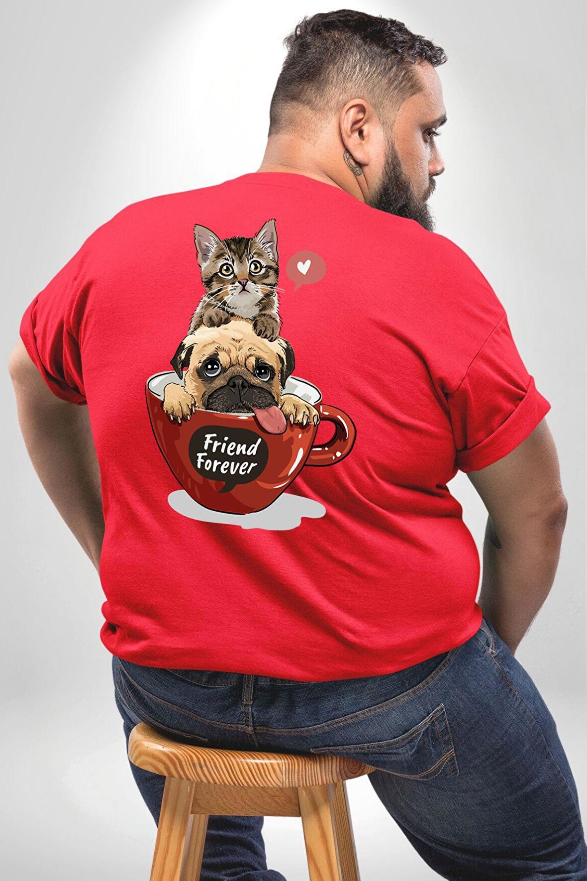 Kedi Ve Köpek Sonsuzadek Arkadaşız  Büyük Beden Kırmızı Tişört Kadın Erkek Ünisex Sırt Baskılı