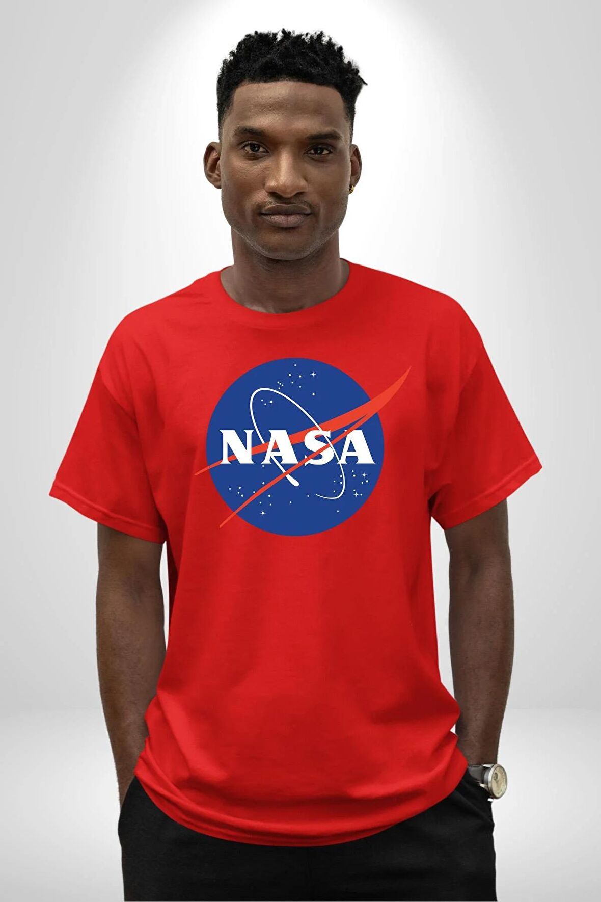 Nasa  Pamuklu Bisiklet Yaka Kadın Erkek Oversize Boyfriend Dijital Baskılı Kırmızı T-Shirt
