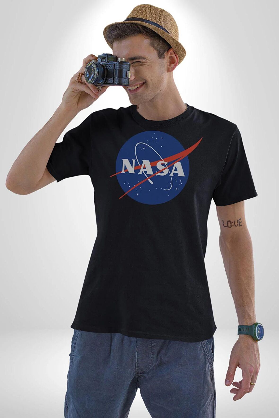 Nasa  Kadın Erkek Unisex Siyah Organik Baskılı T-Shirt Penye Yüksek Kalite