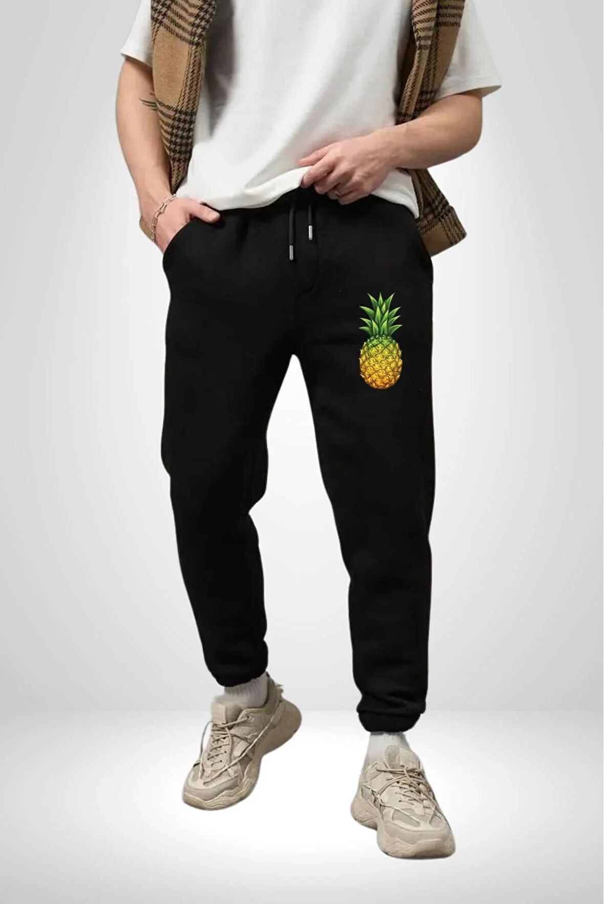 Ananas Meyve Pamuklu 3 İplik Siyah Eşofman Altı Erkek Oversize Kesim Dijital Baskılı
