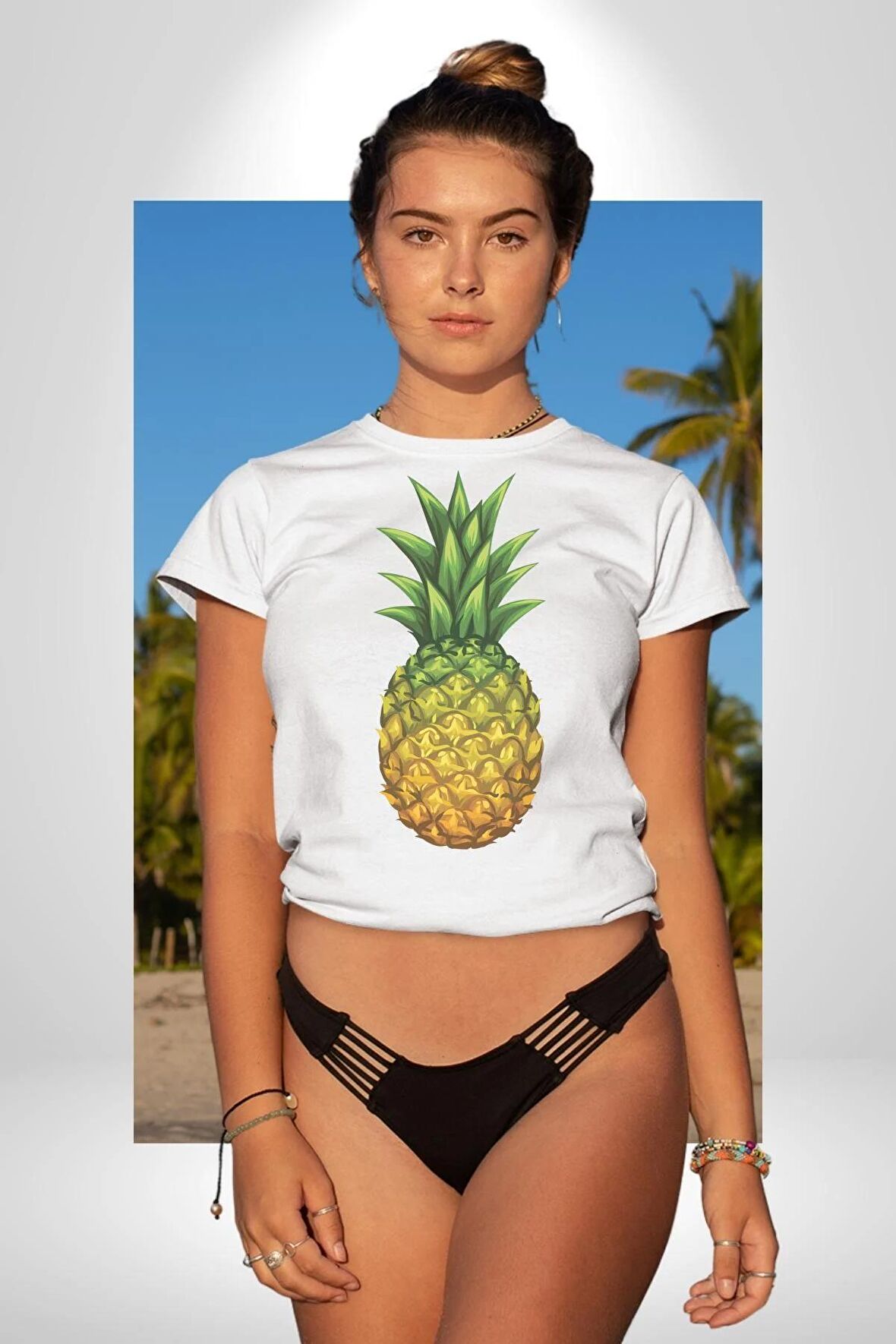 Ananas Meyve Kadın Erkek Unisex Beyaz Organik Baskılı T-Shirt Penye Yüksek Kalite