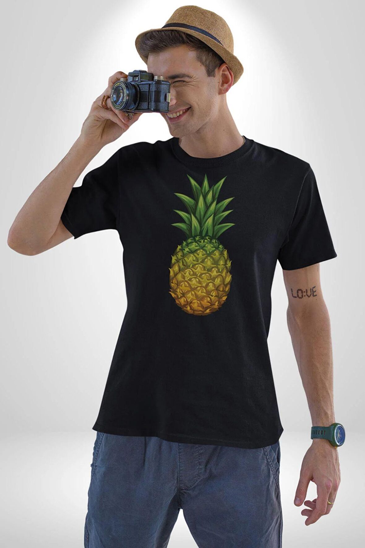 Ananas Meyve Kadın Erkek Unisex Siyah Organik Baskılı T-Shirt Penye Yüksek Kalite