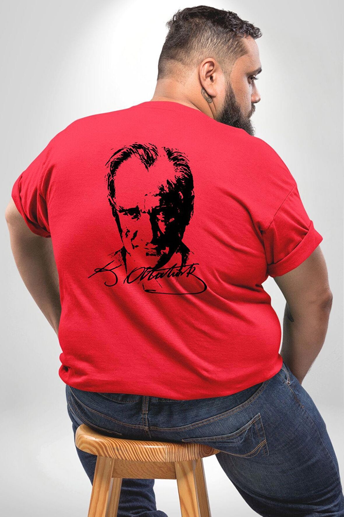 Kemal Atatürk İmza Ve Silüet  Büyük Beden Kırmızı Tişört Kadın Erkek Ünisex Sırt Baskılı
