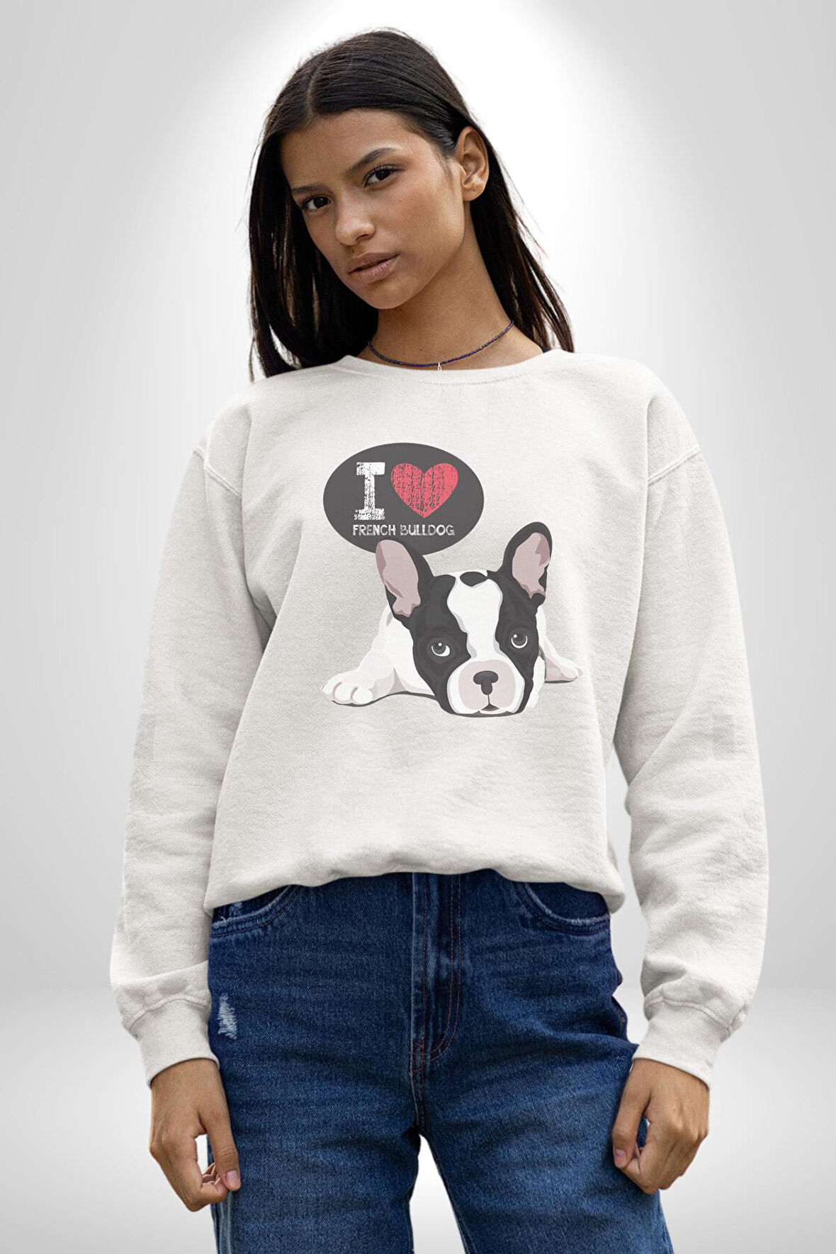 Seni Seviyorum Bulldog  Kadın Erkek  Beyaz Baskılı Sweatshirt 