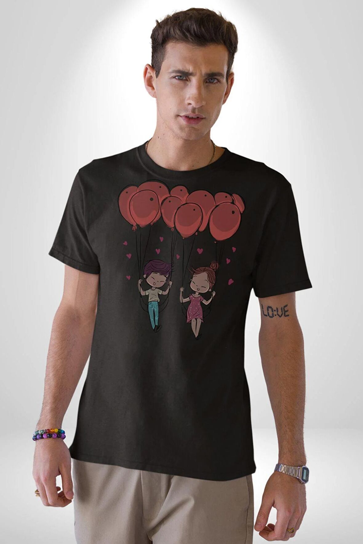 Sevgili Balon Aşk Salıncak Sevgililer Günü Kadın Erkek Unisex Siyah Organik Baskılı T-Shirt Penye Yüksek Kalite