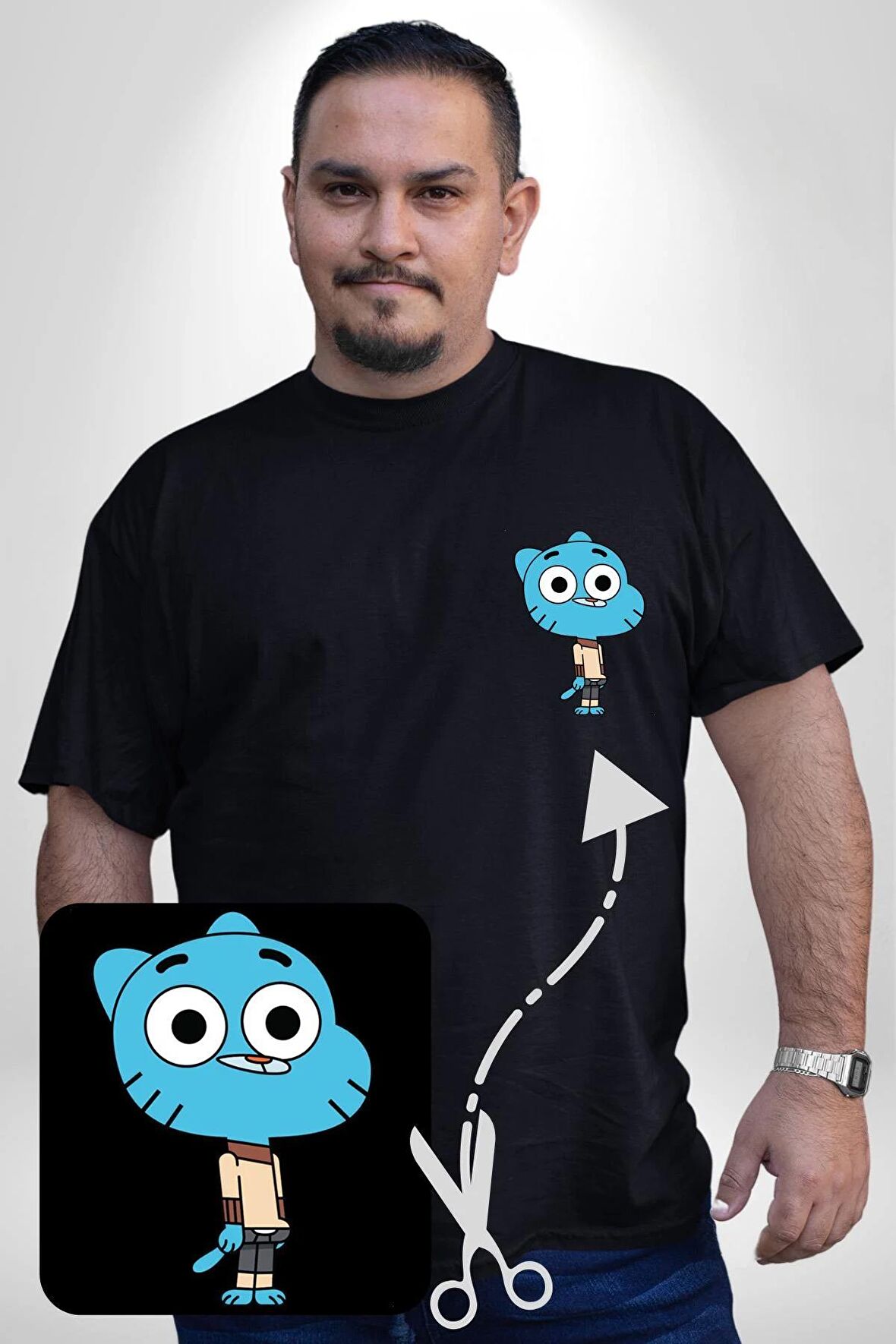 Darwin Watterson Ben Gumball Siyah Büyük Beden Kadın Basic Minimal Baskılı Tişört