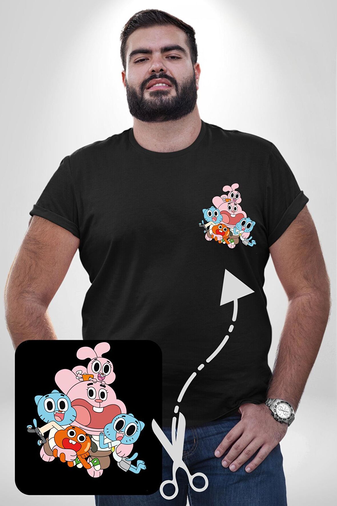 Gumbal Watteron Ailesi Siyah Büyük Beden Kadın Basic Minimal Baskılı Tişört