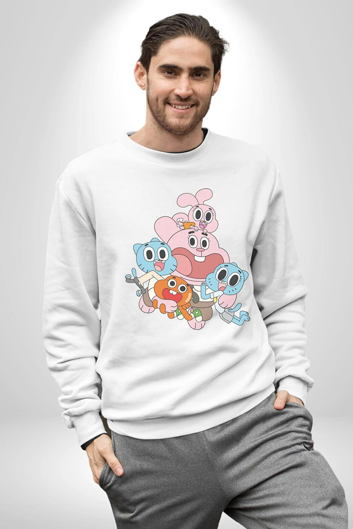 Gumbal Watteron Ailesi Kadın Erkek  Beyaz Baskılı Sweatshirt 