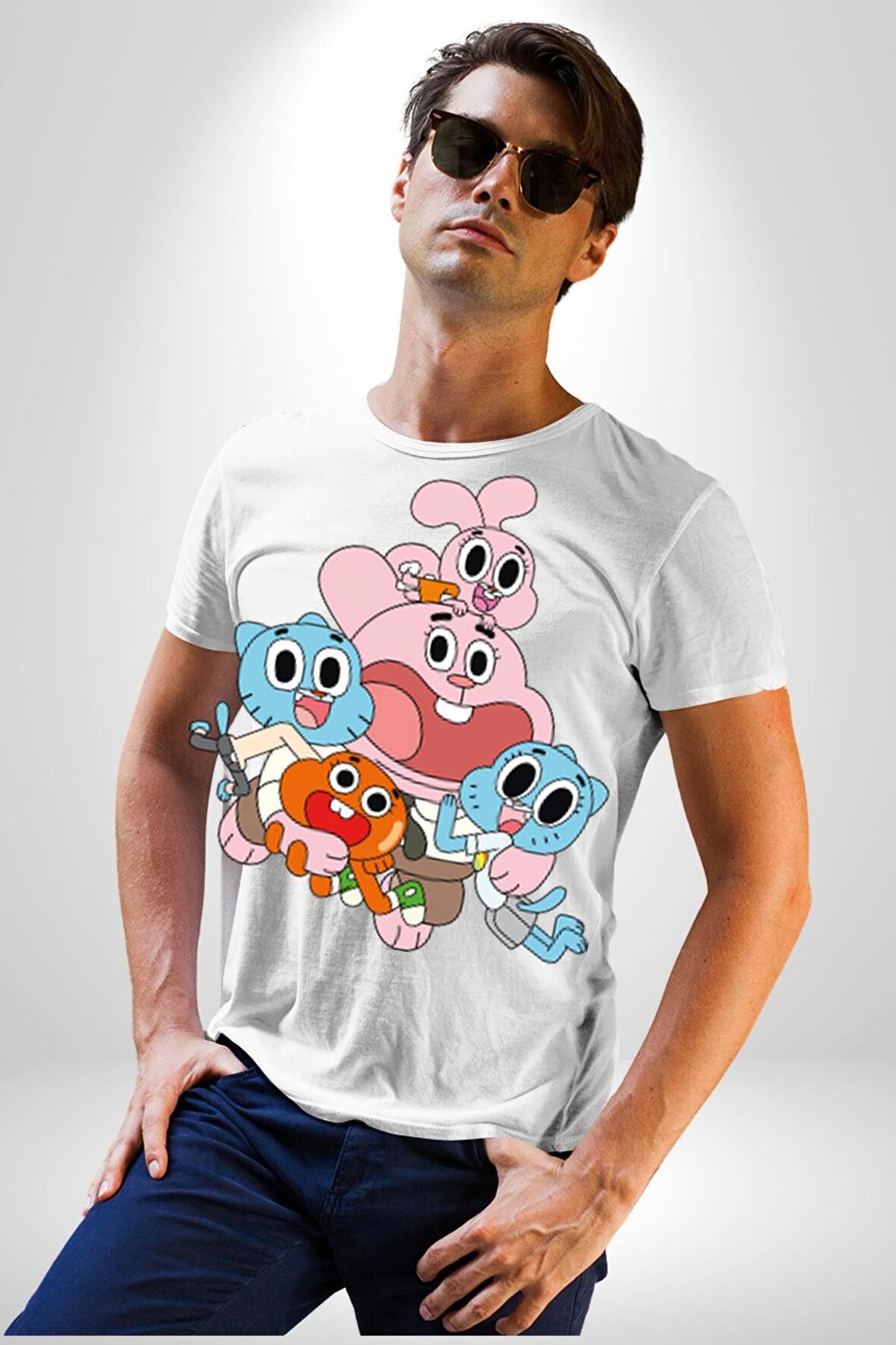 Gumbal Watteron Ailesi Kadın Erkek Unisex Beyaz Organik Baskılı T-Shirt Penye Yüksek Kalite