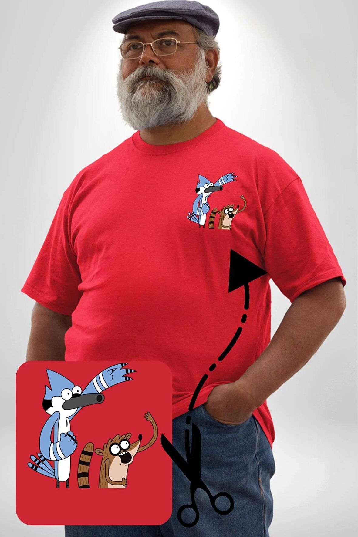 Mordecai ve Rigby  Kırmızı Büyük Beden Kadın Basic Minimal Baskılı Tişört