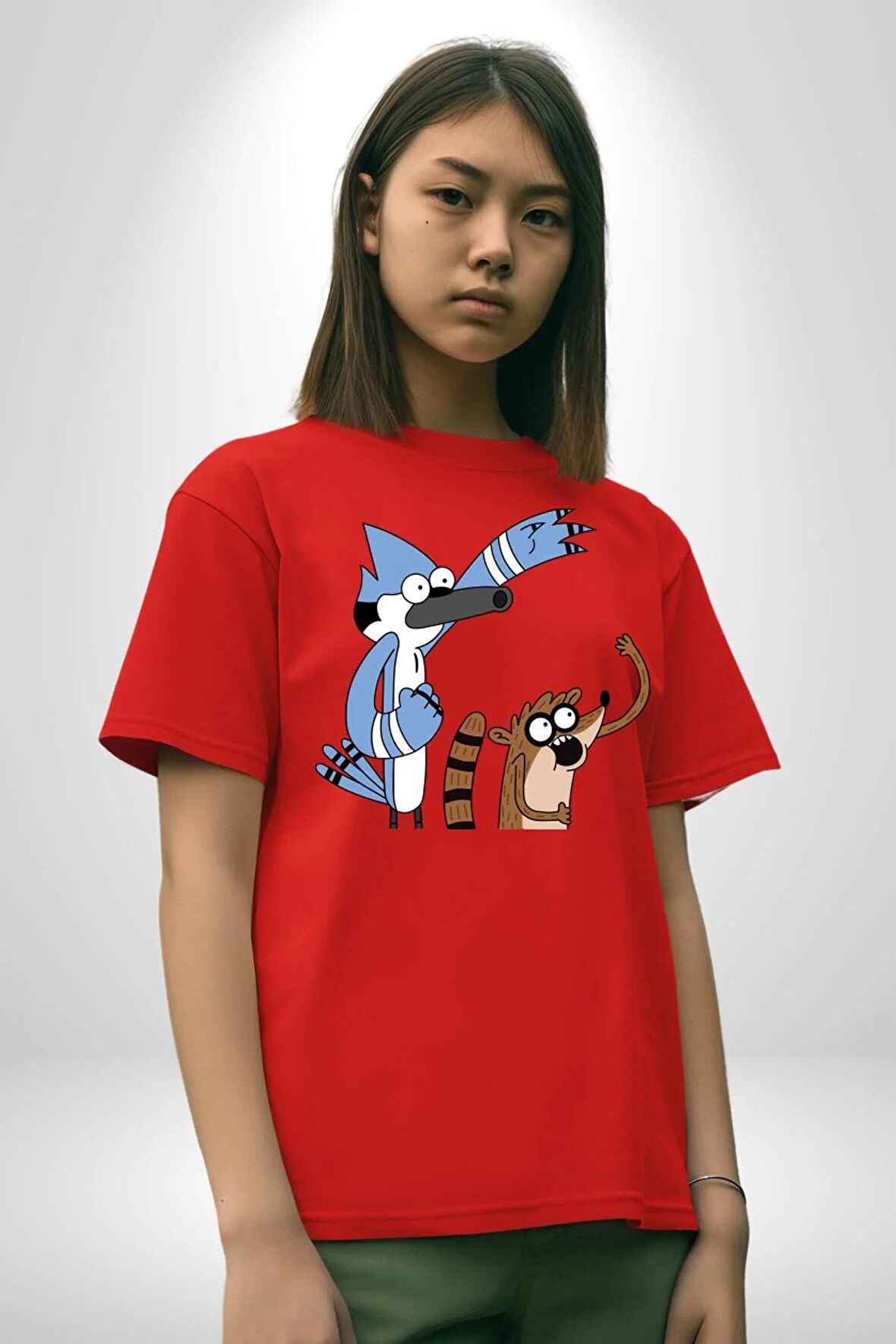 Mordecai ve Rigby  Pamuklu Bisiklet Yaka Kadın Erkek Oversize Boyfriend Dijital Baskılı Kırmızı T-Shirt