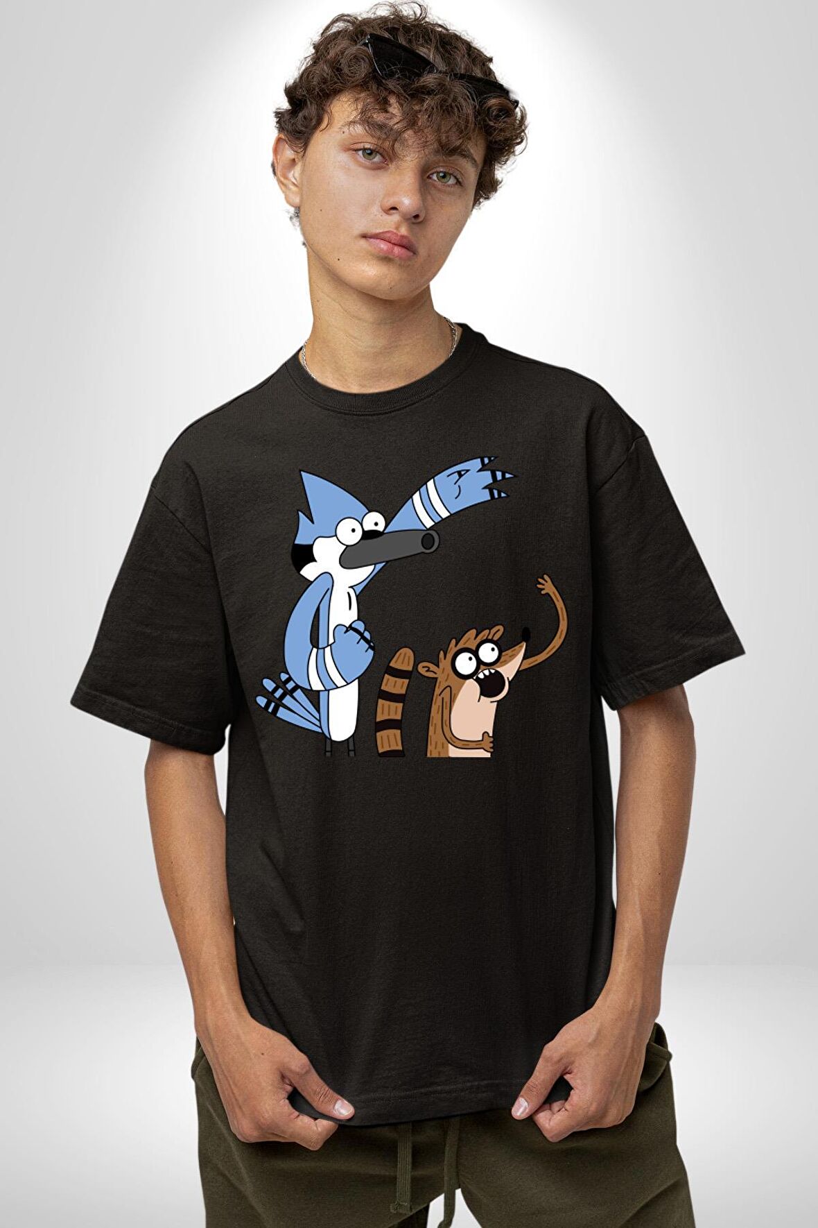 Mordecai ve Rigby  Pamuklu Bisiklet Yaka Kadın Erkek Oversize Boyfriend Dijital Baskılı Siyah T-shirt