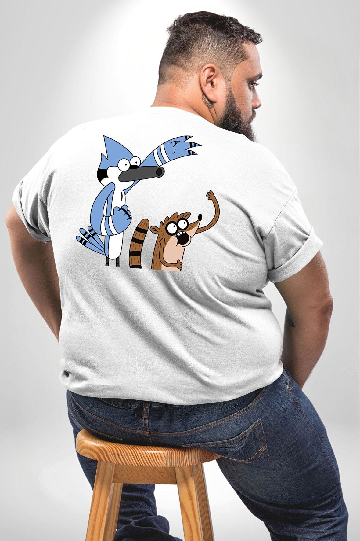Mordecai ve Rigby  Büyük Beden Beyaz Tişört Kadın Erkek Ünisex Sırt Baskılı