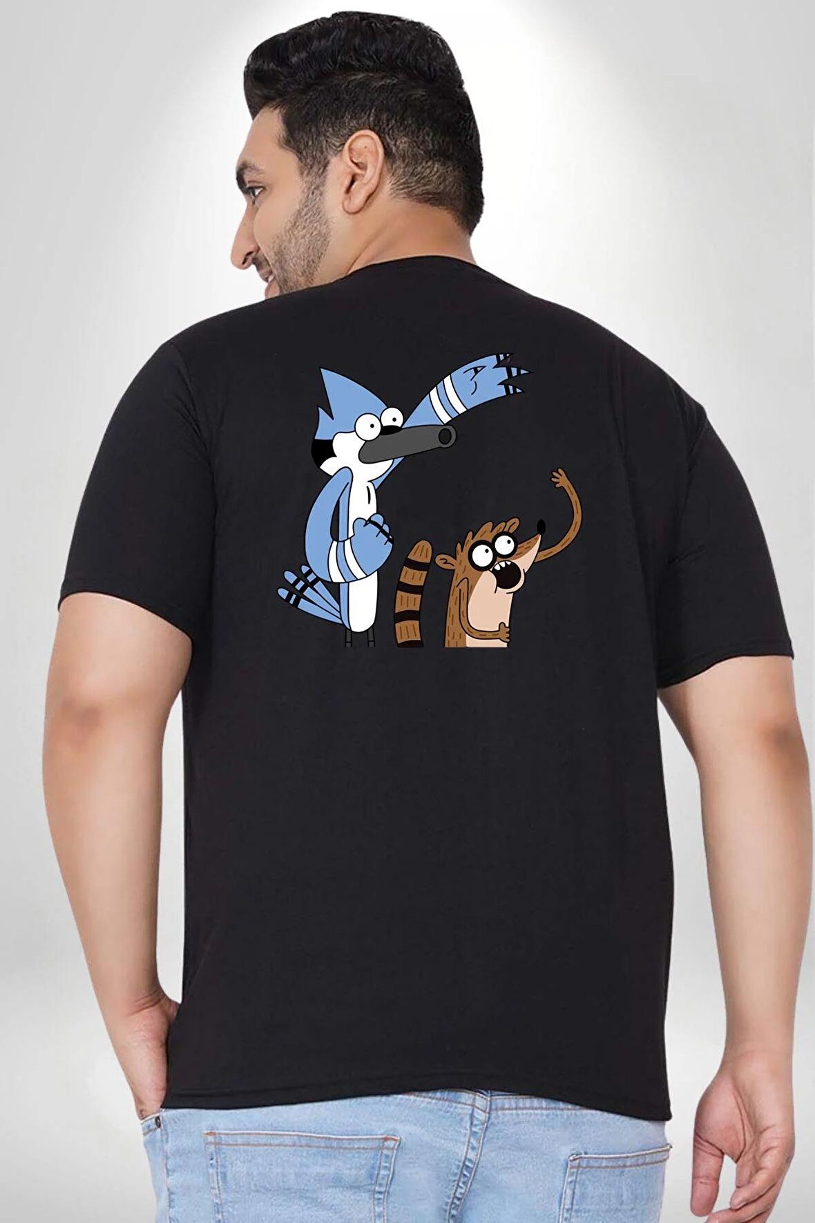 Mordecai ve Rigby  Büyük Beden Siyah Tişört Kadın Erkek Ünisex Sırt Baskılı