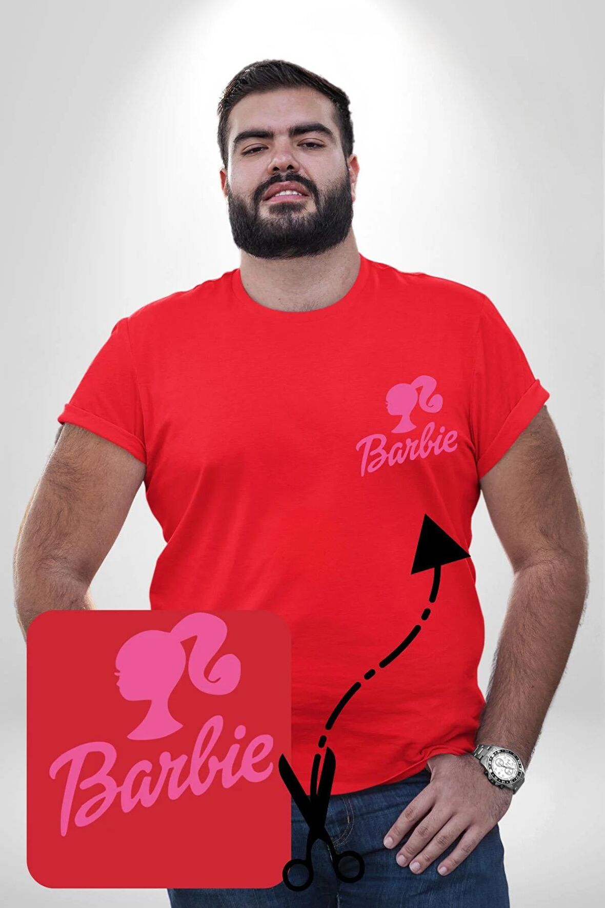 Barbie  Kırmızı Büyük Beden Kadın Basic Minimal Baskılı Tişört